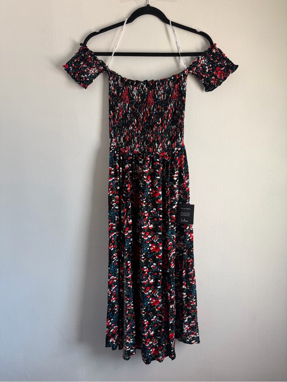 Lulu's Black Floral Off-Shoulder Midi Dress with Red and White Accents